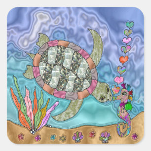 Sticker Carré Art de tortue marine hippocampe psychédélique