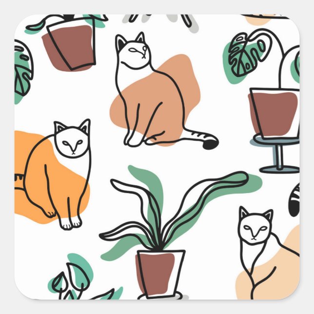 Sticker Carré Art de trait dessin chats et fleurs (Devant)