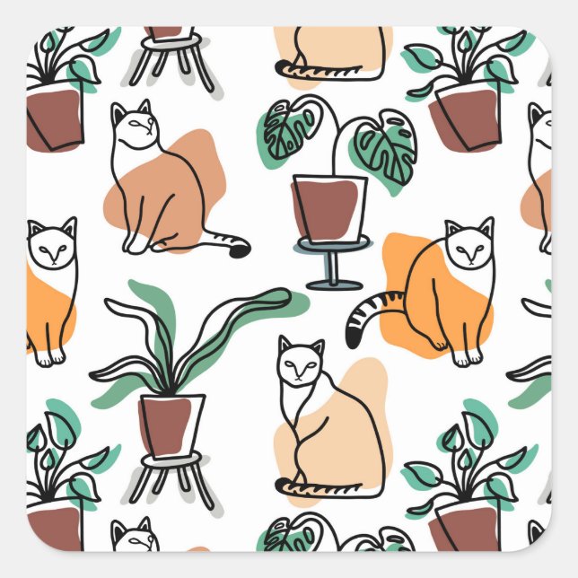 Sticker Carré Art de trait dessin chats et fleurs (Devant)