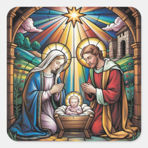 Sticker Carré Art de verre teinté de la Nativité – Noël de la Sa