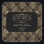 Sticker Carré Art Déco Black Gatsby Mariage des années 1920<br><div class="desc">Déco Art déco glamour Grande décoration de style Gatsby. Il présente un style Art déco,  une fausse feuille d'or et des ornements,  sur un arrière - plan noir. Utilisez l'outil Personnaliser pour ajouter vos informations. Pour les articles correspondants,  veuillez visiter mon Art Déco Black/White Gatsby 1920s Style Collection.</div>