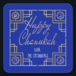 Sticker Carré Art Déco Chanukkah Design bleu et or<br><div class="desc">Stickers "Chanukah Happy/Gold" Carré. Amusez-vous à utiliser ces autocollants comme toppers de gâteau, étiquettes cadeaux, fermeture de sacs de faveur, ou tout ce qui touche vos festivités! Vous pouvez modifier la couleur Arrière - plan en sélectionnant une couleur différente des nuances de couleurs. Personnalisez en supprimant du texte et en...</div>