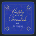 Sticker Carré Art Déco Chanukkah Design bleu et or<br><div class="desc">Stickers "Chanukah Happy/Gold" Carré. Amusez-vous à utiliser ces autocollants comme toppers de gâteau, étiquettes cadeaux, fermeture de sacs de faveur, ou tout ce qui touche vos festivités! Vous pouvez modifier la couleur Arrière - plan en sélectionnant une couleur différente des nuances de couleurs. Personnalisez en supprimant du texte et en...</div>