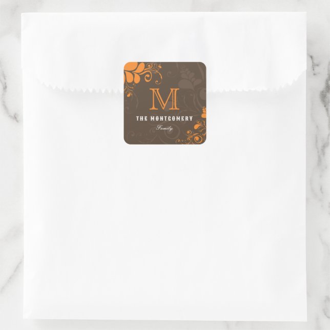 Sticker Carré Art Déco Orange Tourne Monogram Thanksgiving Party (Sac)
