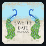 Sticker Carré Art Déco Peacock Aqua Blue Save the Date Seal<br><div class="desc">PALETTE DE COULEUR : bleu aqua, crème, bronze, bleu aqua, bleu royal, vert, violet et or. COLLECTION DE DESIGN : Il s'agit de jumeler Save the Date Stickers ou Seals pour des enveloppes assorties ou pour utiliser sur des faveurs pour des réceptions et des douches nuptiales. Cette oeuvre est un...</div>