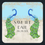 Sticker Carré Art Déco Peacock Aqua Blue Save the Date Seal<br><div class="desc">PALETTE DE COULEUR : bleu aqua, crème, bronze, bleu aqua, bleu royal, vert, violet et or. COLLECTION DE DESIGN : Il s'agit de jumeler Save the Date Stickers ou Seals pour des enveloppes assorties ou pour utiliser sur des faveurs pour des réceptions et des douches nuptiales. Cette oeuvre est un...</div>
