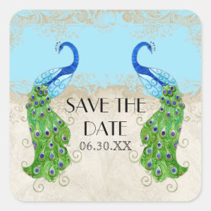 Sticker Carré Art Déco Peacock Aqua Blue Save the Date Seal