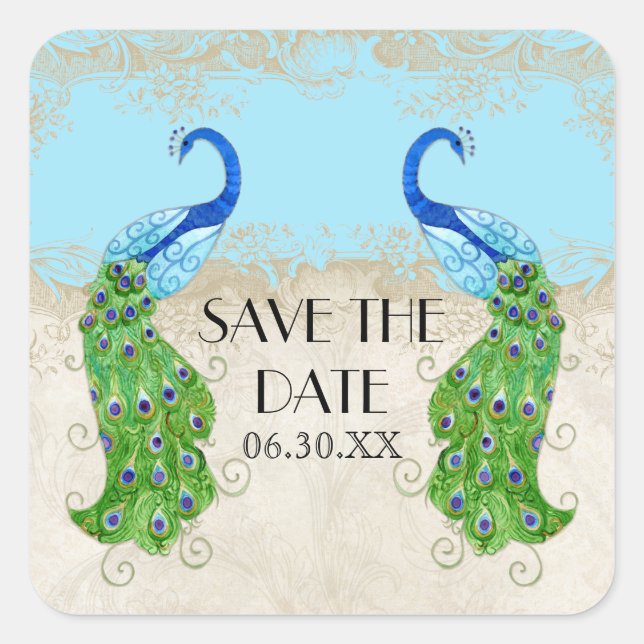 Sticker Carré Art Déco Peacock Aqua Blue Save the Date Seal (Devant)
