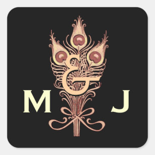 Sticker Carré Art Déco Tan Peacock Plumes Monogramme Mariage