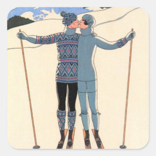 Sticker Carré Art Déco vintage, Amants dans la neige par George