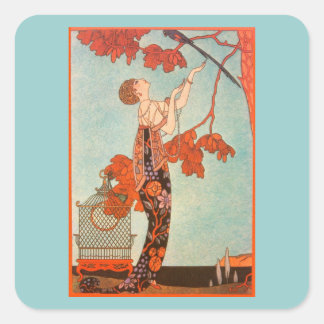 Sticker Carré Art Déco vintage, Oiseau Volage de George Barbier