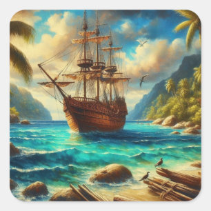 Sticker Carré Art des navires de plage des Caraïbes/tropicale