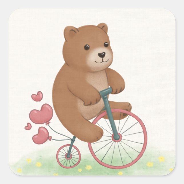 Sticker Carré Art d'illustration de l'ours mignon et du vélo à g (Devant)