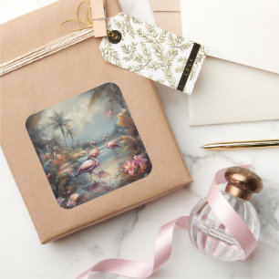 Sticker Carré Art du lagon tropical au flamant rose exotique