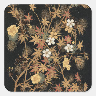 Sticker Carré Art floral automnal noir doré vintage japonais