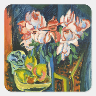 Sticker Carré Art floral expressionniste aux roses roses de Kirc