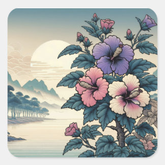 Sticker Carré Art floral japonais vintage carré à l'hibiscus