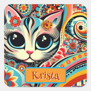 Sticker Carré Art folklorique mexicain Abstrait Kitty Chat Perso