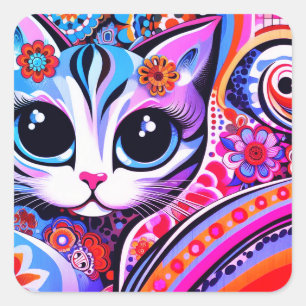 Sticker Carré Art folklorique mexicain Abstrait Kitty Chat Talav