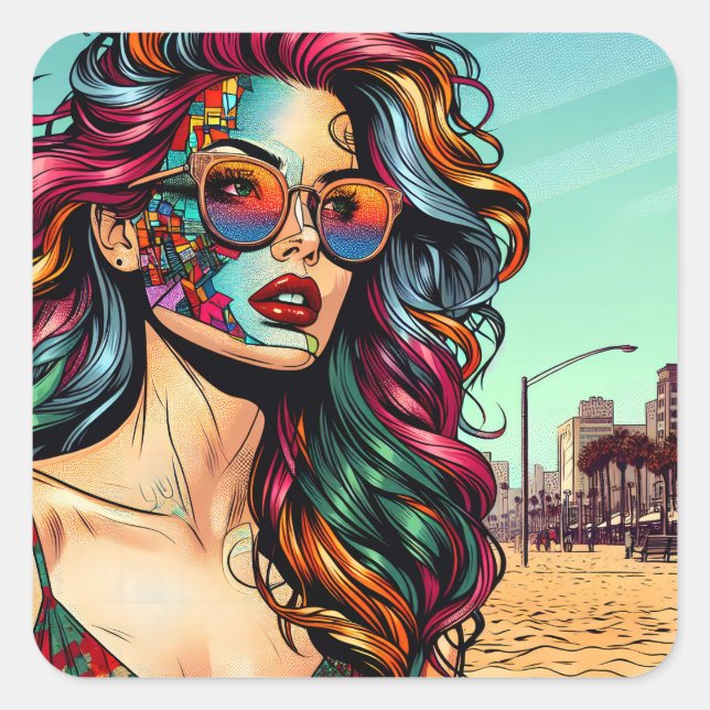 Sticker Carré Art fracturé | Femme Abstraite à la plage (Devant)