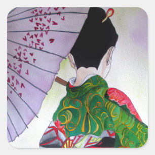 Sticker Carré Art japonais de geisha avec le kimono et le