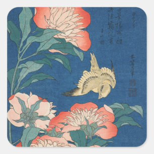 Sticker Carré Art japonais de Hokusai Pivoines et Canari