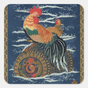 Sticker Carré Art japonais vintage représentant un coq dragon