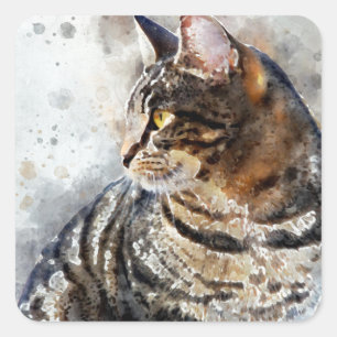 Sticker Carré Art mignon d'aquarelle de chat tigré