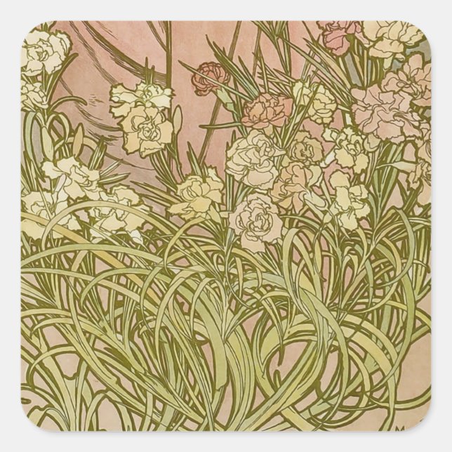 Sticker Carré Art Nouveau Alfonse Mucha fleurs d'oeillets floral (Devant)