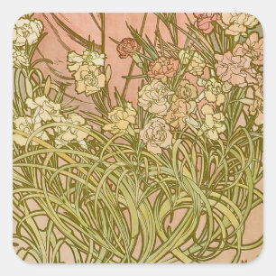 Sticker Carré Art Nouveau Alfonse Mucha fleurs d'oeillets floral