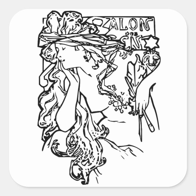 Sticker Carré Art nouveau Alphonse Mucha salon noir et blanc (Devant)