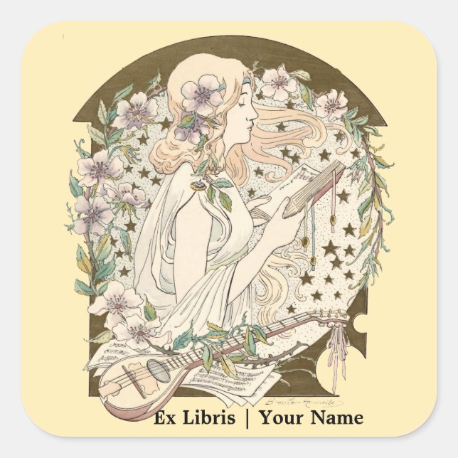 Sticker Carré Art Nouveau Ex Libris Girl With Book & Stars (Devant)