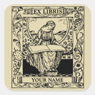 Sticker Carré Art Nouveau Femme Lecture Livre Ex Libris