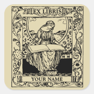 Sticker Carré Art Nouveau Femme Lecture Livre Ex Libris