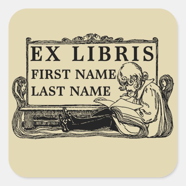 Sticker Carré Art Nouveau Girl Reading Book Ex Libris Modèle (Devant)