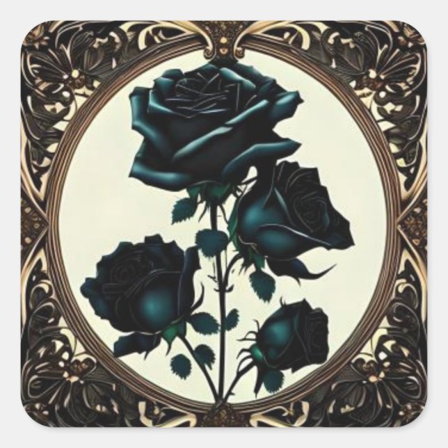 Sticker Carré Art Nouveau Noir Rose Floral Design (Devant)