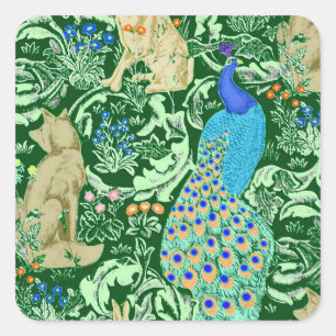 Sticker Carré Art Nouveau Peacock Print, Cobalt Blue & Green