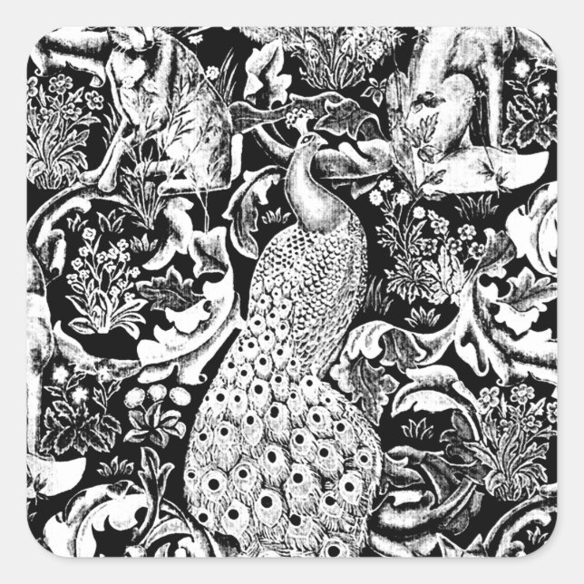 Sticker Carré Art Nouveau Peacock Print, noir et blanc (Devant)