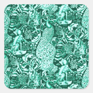 Sticker Carré Art Nouveau Peacock Print, Turquoise et Aqua
