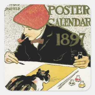 Sticker Carré Art Nouveau vintage, artiste peignant avec un chat