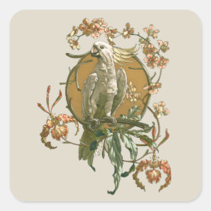 Sticker Carré Art Nouveau vintage, Cockatoo Bird, Fleurs d'orchi