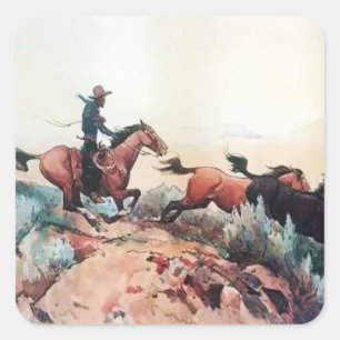 Sticker Carré Art occidental "Come A-Runnin" par Maynard Dixon