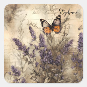 Sticker Carré Art papillon lavande vintage personnalisé