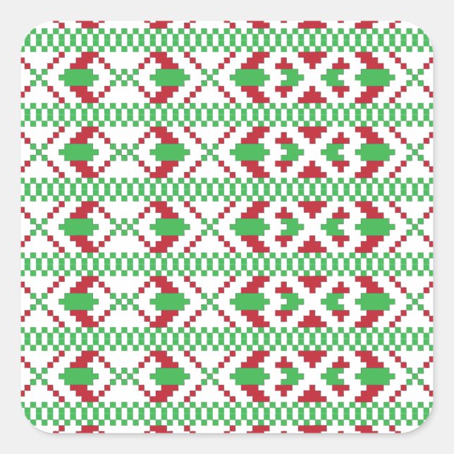 Sticker Carré Art populaire ethnique letton vert et rouge tribal (Devant)