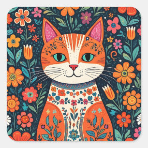 Sticker Carré Art populaire Whimsical Chat et Fleurs