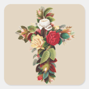Sticker Carré Art religieux croix botanique vintage de roses