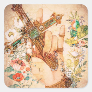 Sticker Carré Art Retro Fleurs Vintages de la main Christening