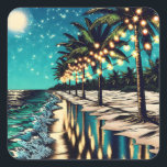 Sticker Carré Art Romantique Plutôt Côtier<br><div class="desc">Joli art côtier Ai romantique représentant une rangée de palmiers avec des lumières blanches illuminées. Une jolie réflexion sur la plage de sable et les vagues.</div>