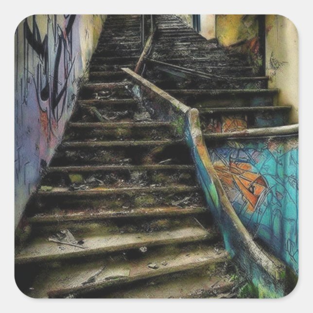 Sticker Carré Art urbain sur escaliers Bâtiment abandonné (Devant)
