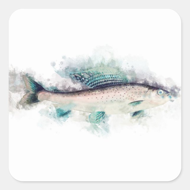 Sticker Carré Artic gris aquarelle Saumon Fisherman Art (Devant)